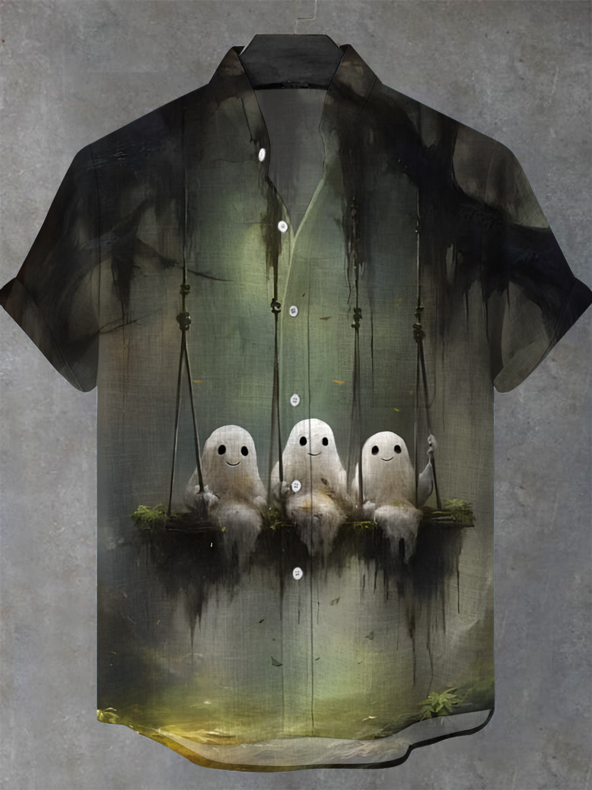 Halloween Ghost Men's Pocket Short Sleeve Stand Collar Shirts