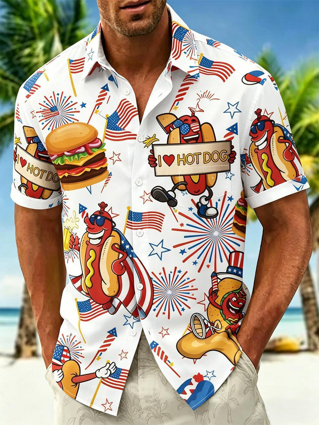 Fun American Flag Hot Dog And Burger Independence Day Men's Pocket Short Sleeve Shirts