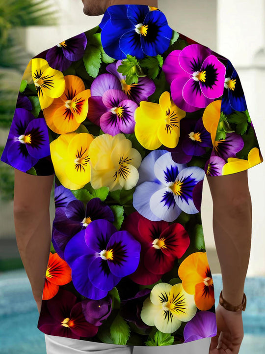Men's blue floral short sleeve shirt back view