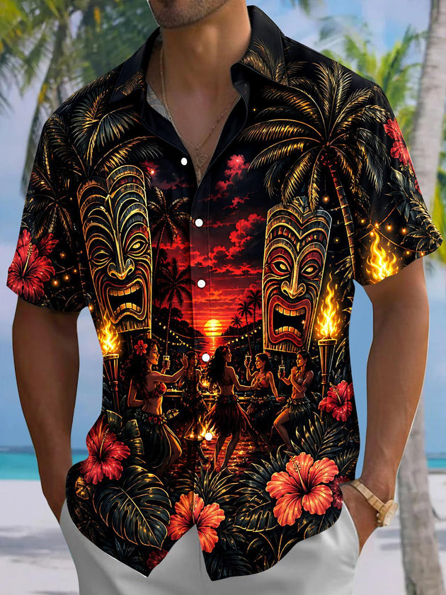 Hawaiian Coconut Tree Sunset Tiki Floral Men's Pocket Short Sleeve Shirts
