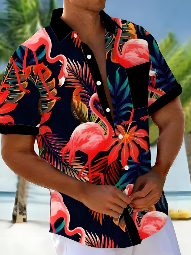 Men's Flamingo print short sleeve Hawaiian shirt front view tropical beach vacation