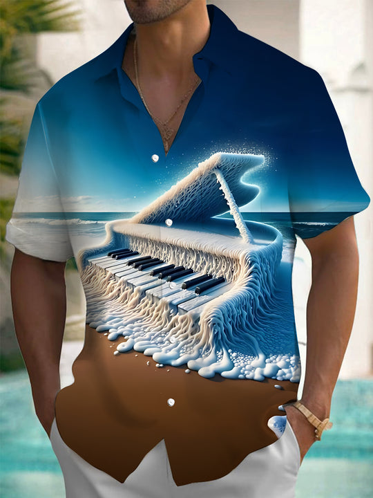 Men's blue beach piano print short sleeve shirt front view for beach vacation