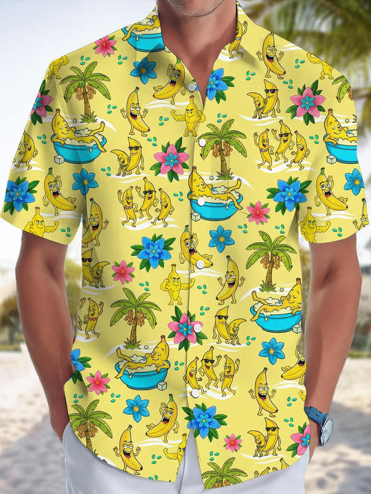 Men's blue banana Hawaiian short sleeve shirt front view tropical beach vacation