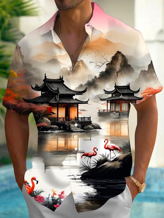 Men's flamingo landscape print short sleeve shirt front view