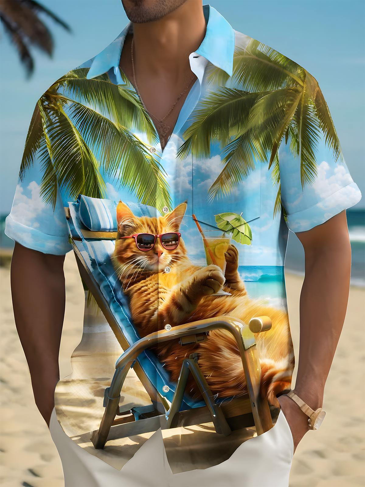 Hawaiian Beach Cat Print Men's Pocket Short Sleeve Shirts