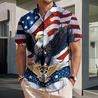 Men wearing red Hawaiian American flag print short sleeve button up shirt at Independence Day street festival
