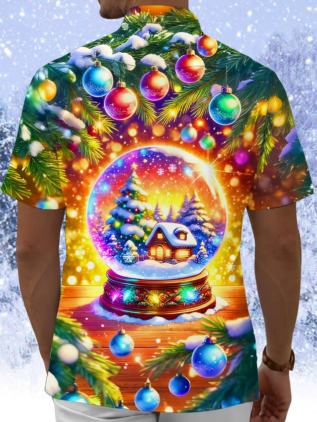 Men's Christmas tree lights crystal ball pocket short sleeve shirt back view