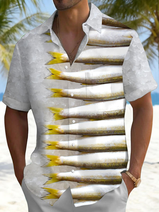 Men's short sleeve shirt with fish print, front view