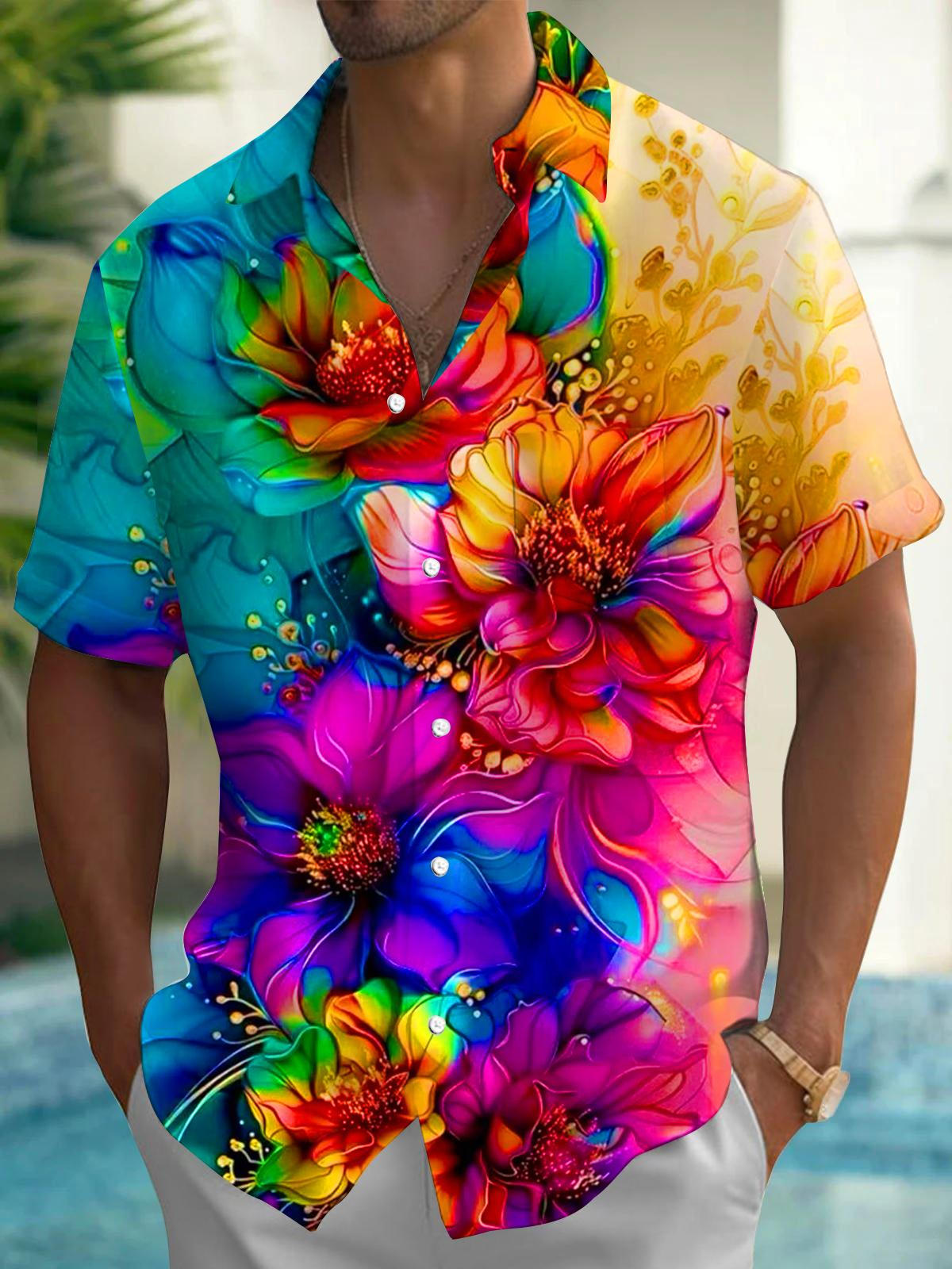 Flower Men's Pocket Short Sleeve Shirts