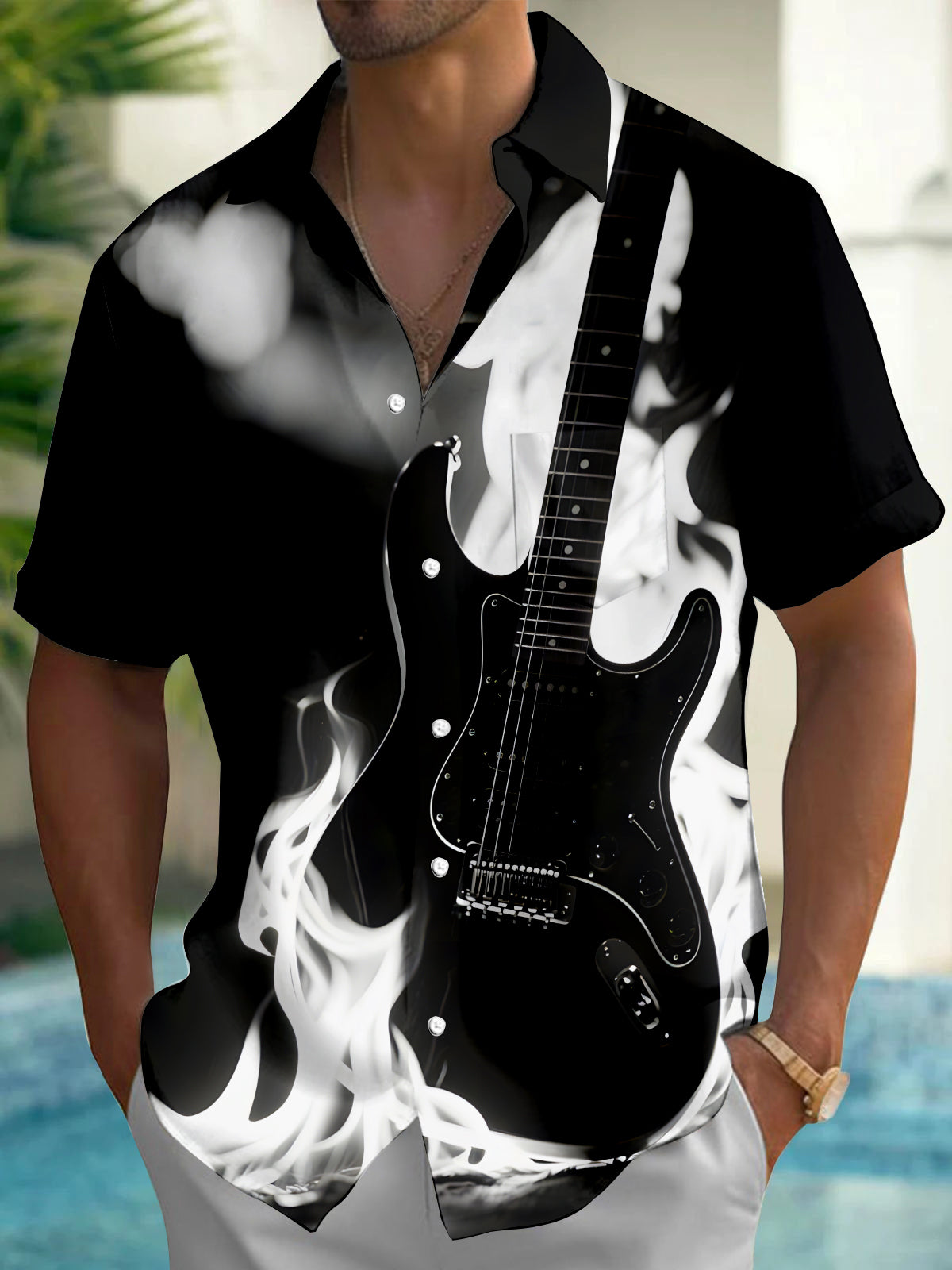 Flame Electric Guitar Men's Pocket Short Sleeve Shirts
