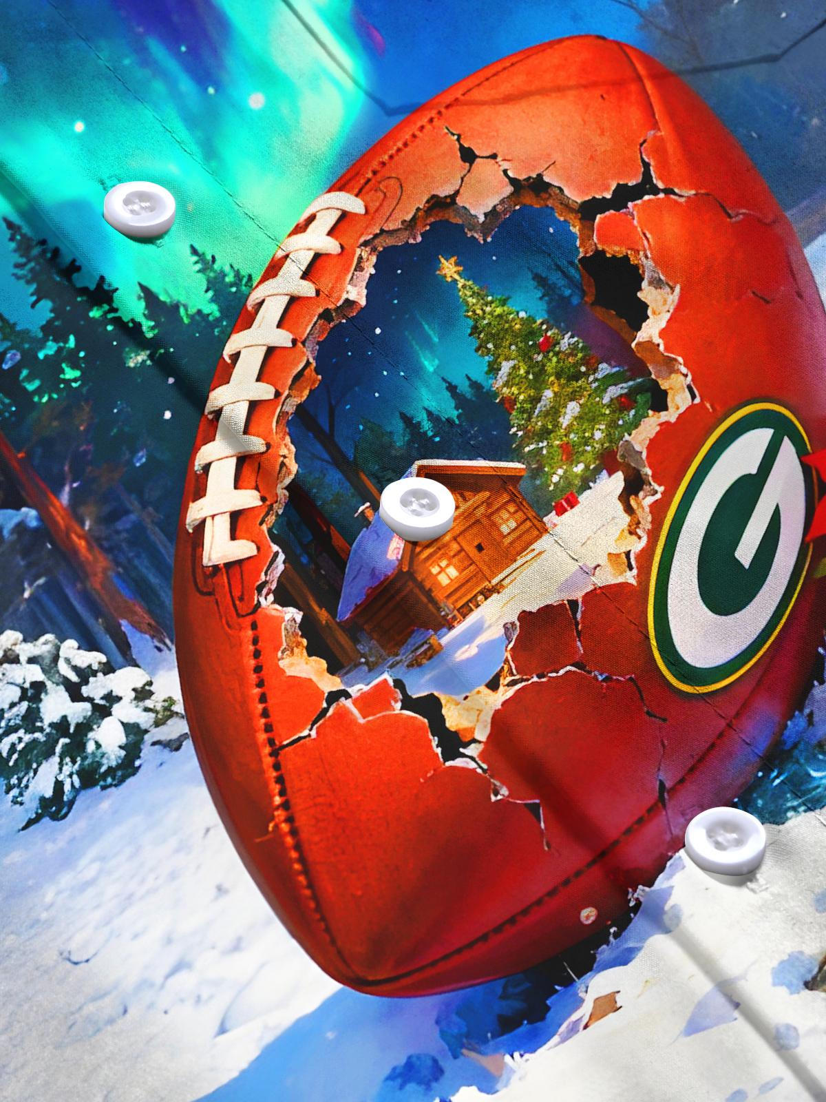 Winter Snow Scene Aurora Borealis Rugby Ball Christmas Tree Houses Men's Pocket Long Sleeve Shirts