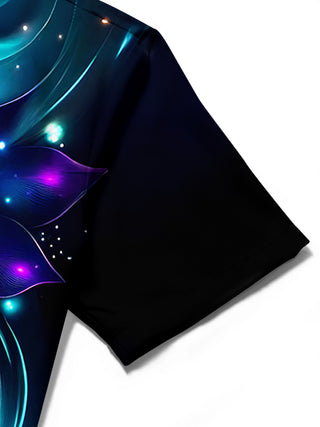 Men's floral short sleeve shirt detail close-up fine stitching