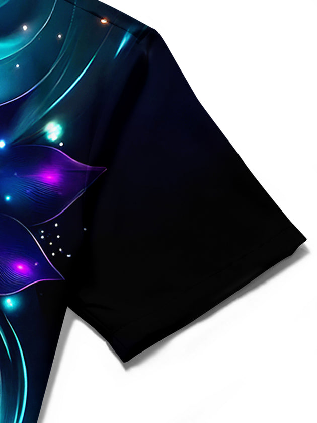 Men's floral short sleeve shirt detail close-up fine stitching