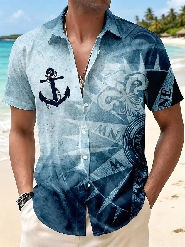 Nautical Anchor Compass Gradient Men's Pocket Short Sleeve Shirts
