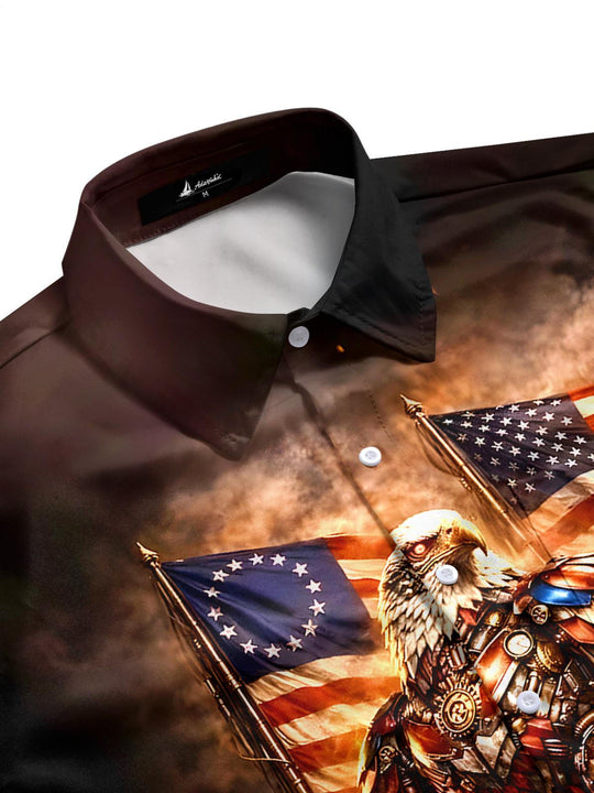 Men retro print eagle American flag short sleeve shirt side view