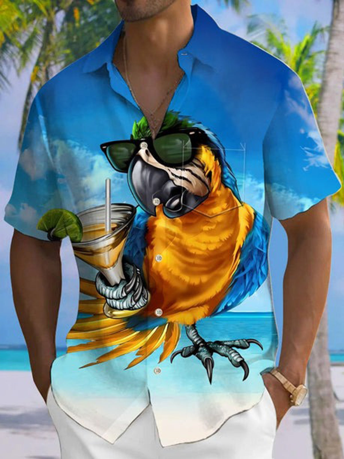 Hawaiian Parrot Print Men's Pocket Short Sleeve Shirts