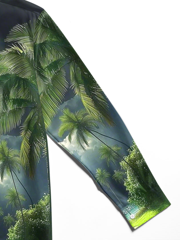 men's palm tree print shirt close-up full sleeve