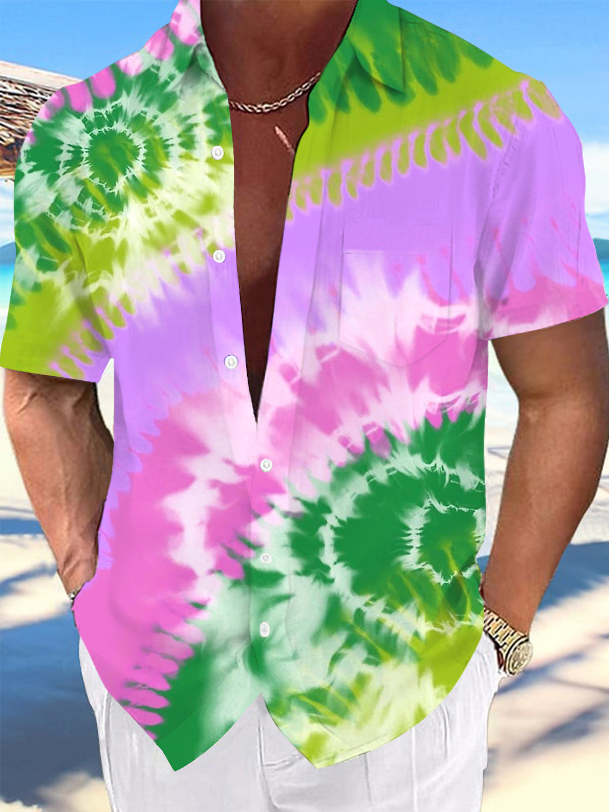 Tie Dye Print Men's Pocket Short Sleeve Shirts