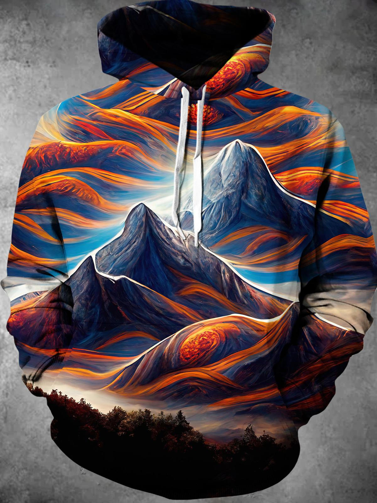 Mountain Print Long Sleeve Hooded Pocket Men's Top