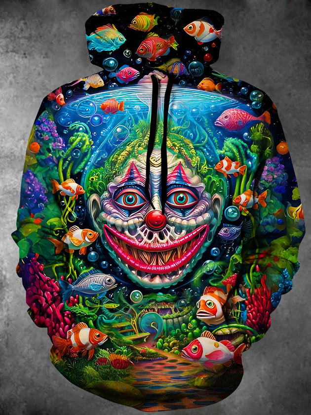 Men's long sleeve pullover hoodie with fish print front view Halloween costume