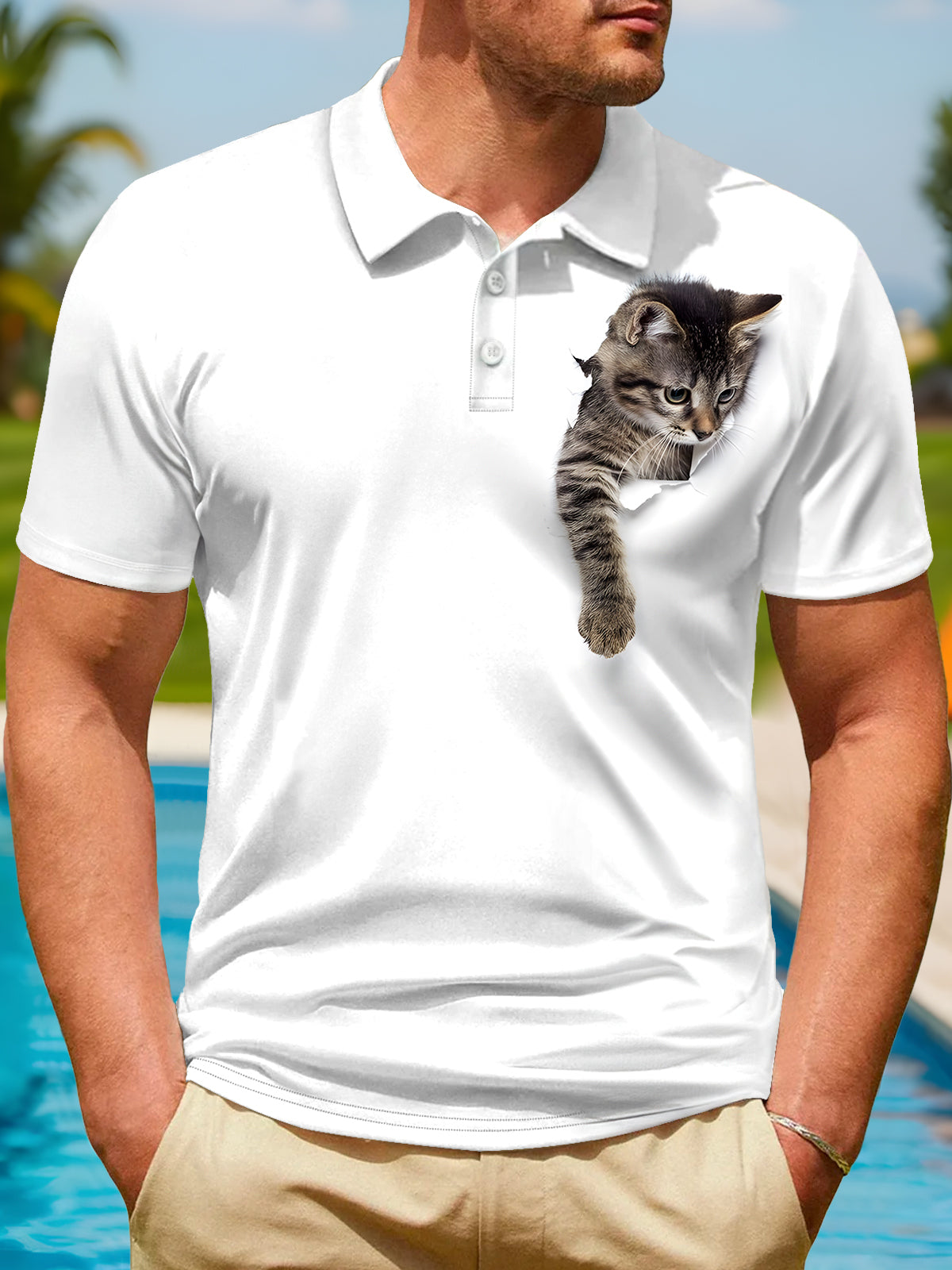 Cat Print Men's Short Sleeve Button Polo Shirt