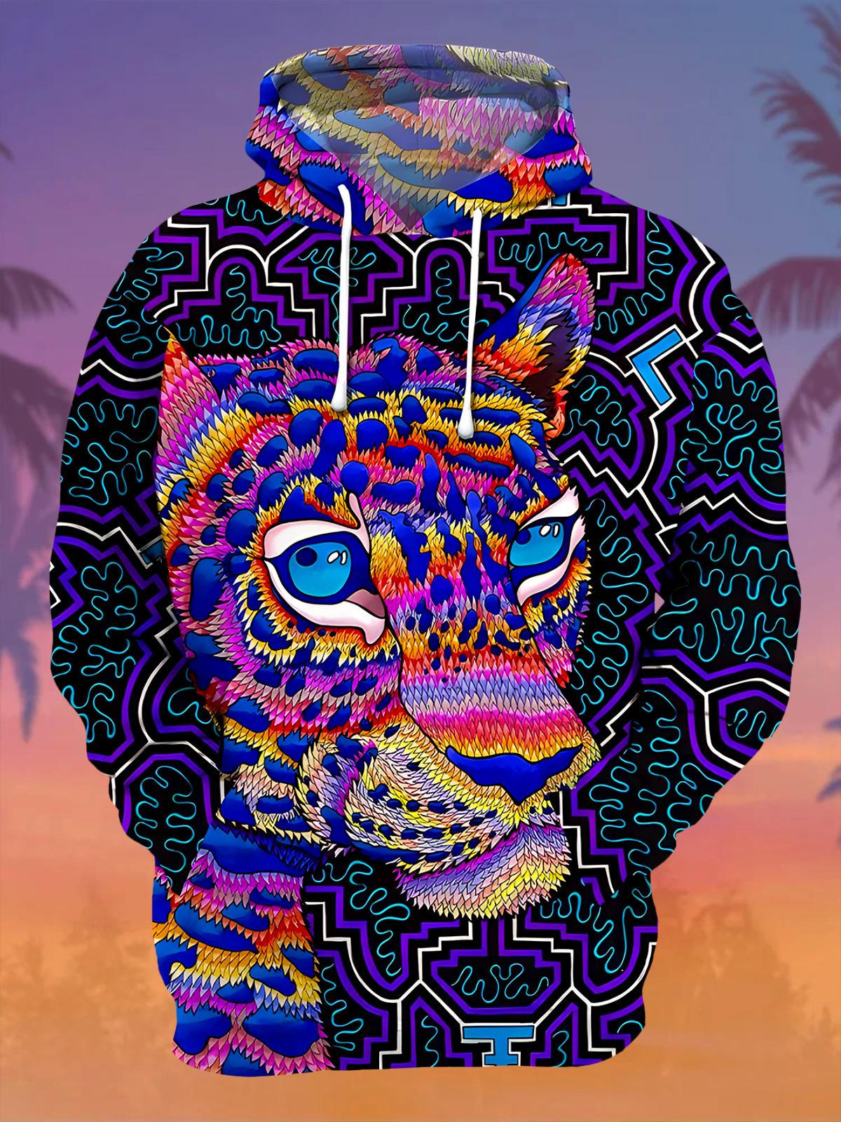 Animal Cheetah Men's Long Sleeve Printing Pocket Hooded Sweatshirt