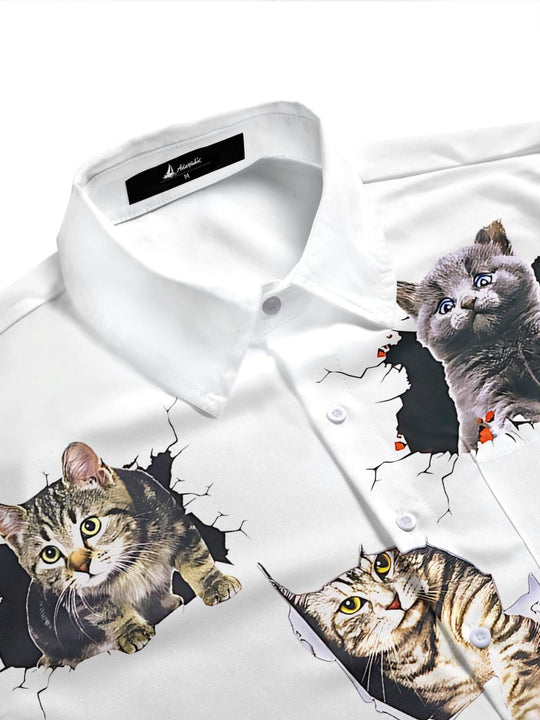 men's cat print pocket half sleeve shirt side view