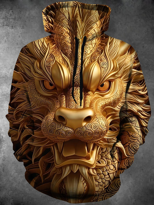 Men's golden dragon print long sleeve hooded pocket shirt front view