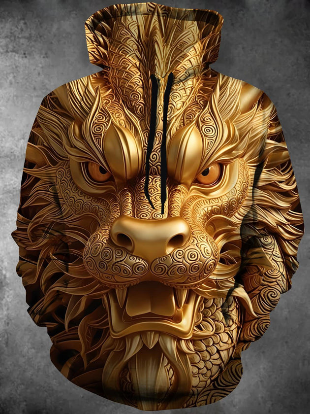 Men's golden dragon print long sleeve hooded pocket shirt front view