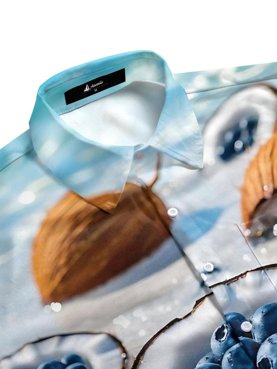 Men's cobalt half sleeve shirt with blueberry coconut print in side view