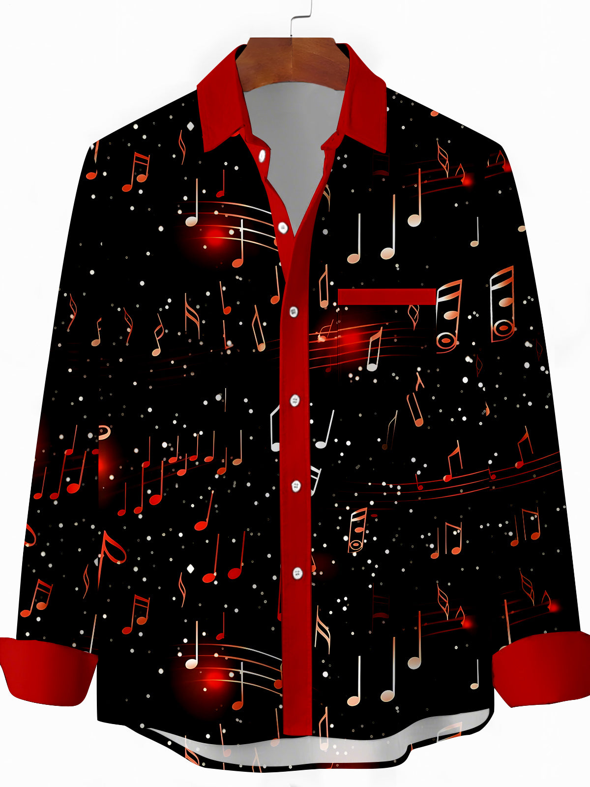 Music Note Print Men's Pocket Long Sleeve Shirts