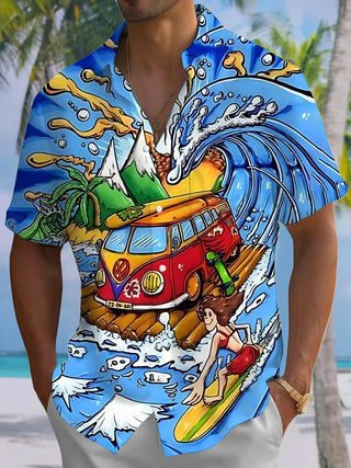 men's Hawaiian ocean car print short sleeve shirt front view tropical beach vacation