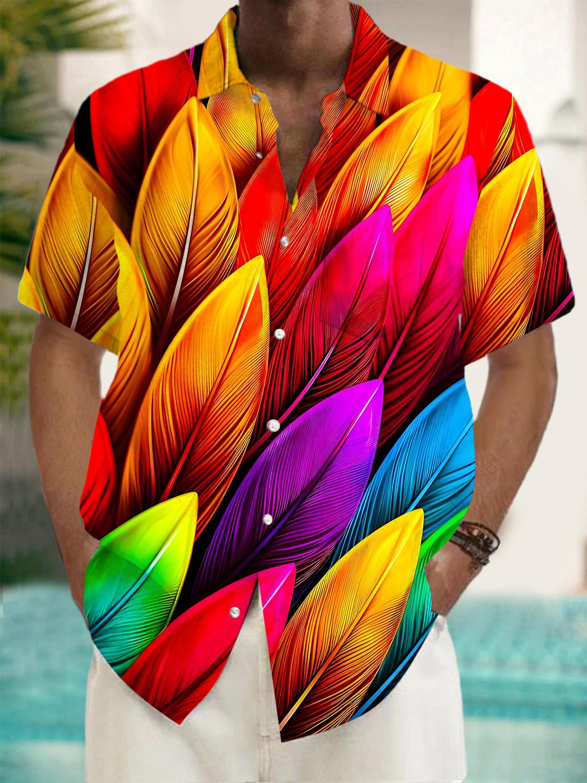 Colorful Feather Print Men's Pocket Short Sleeve Shirts