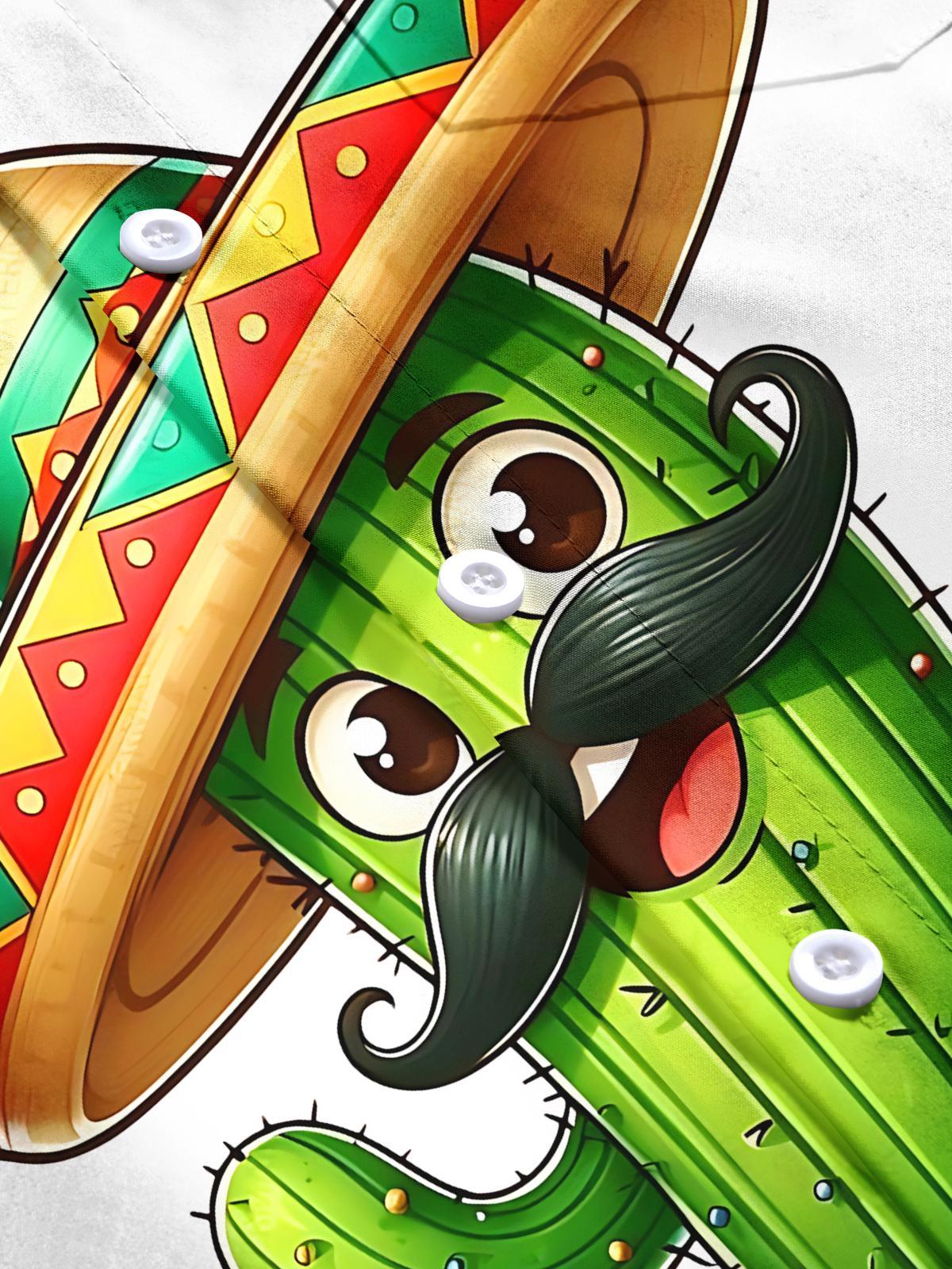 Men's Cartoon Cactus Print Short Sleeve Shirt Flat Lay Pattern Detail