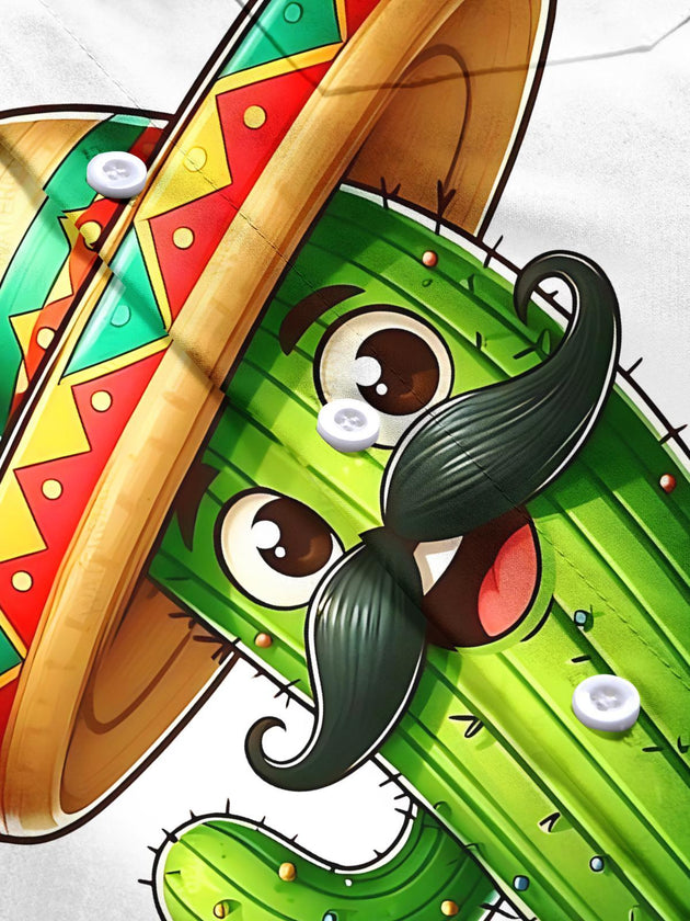 Men's Cartoon Cactus Print Short Sleeve Shirt Flat Lay Pattern Detail