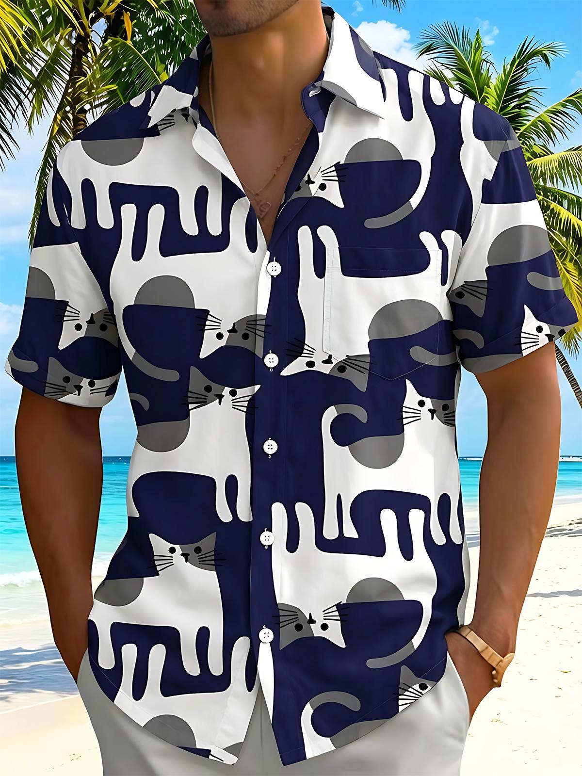 Fun Minimal Geometric Abstract Cat Men's Pocket Short Sleeve Shirts
