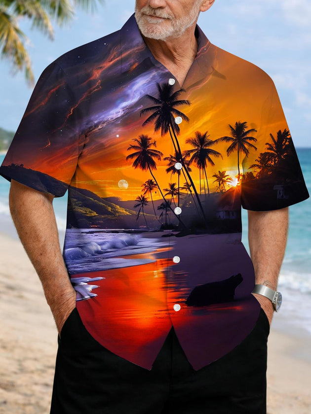 Men's tropical palm print short sleeve shirt front view for beach vacation