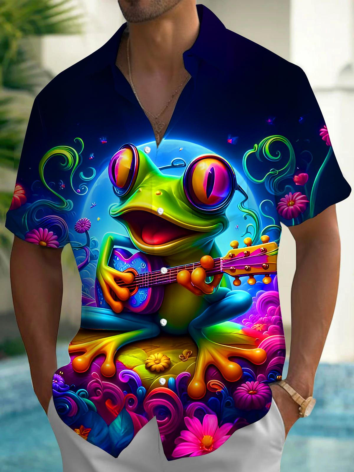 Funny Frog Playing Guitar Floral Men's Pocket Short Sleeve Shirts