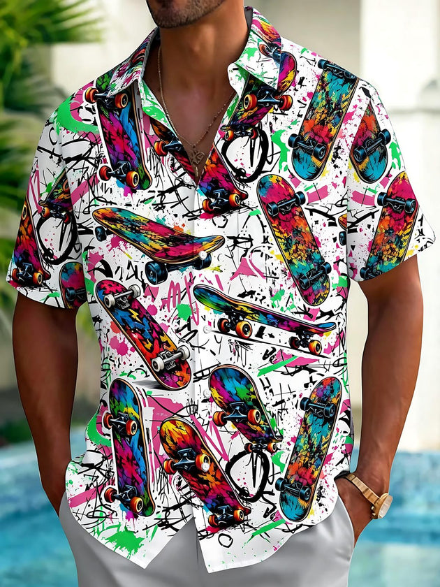 Skateboard Print Men's Pocket Short Sleeve Shirts