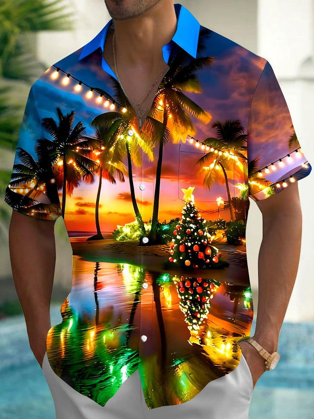 Men's Hawaiian coconut tree pocket short sleeve shirt front view Christmas holiday party