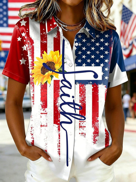 women's sunflower print shirt front view Independence Day