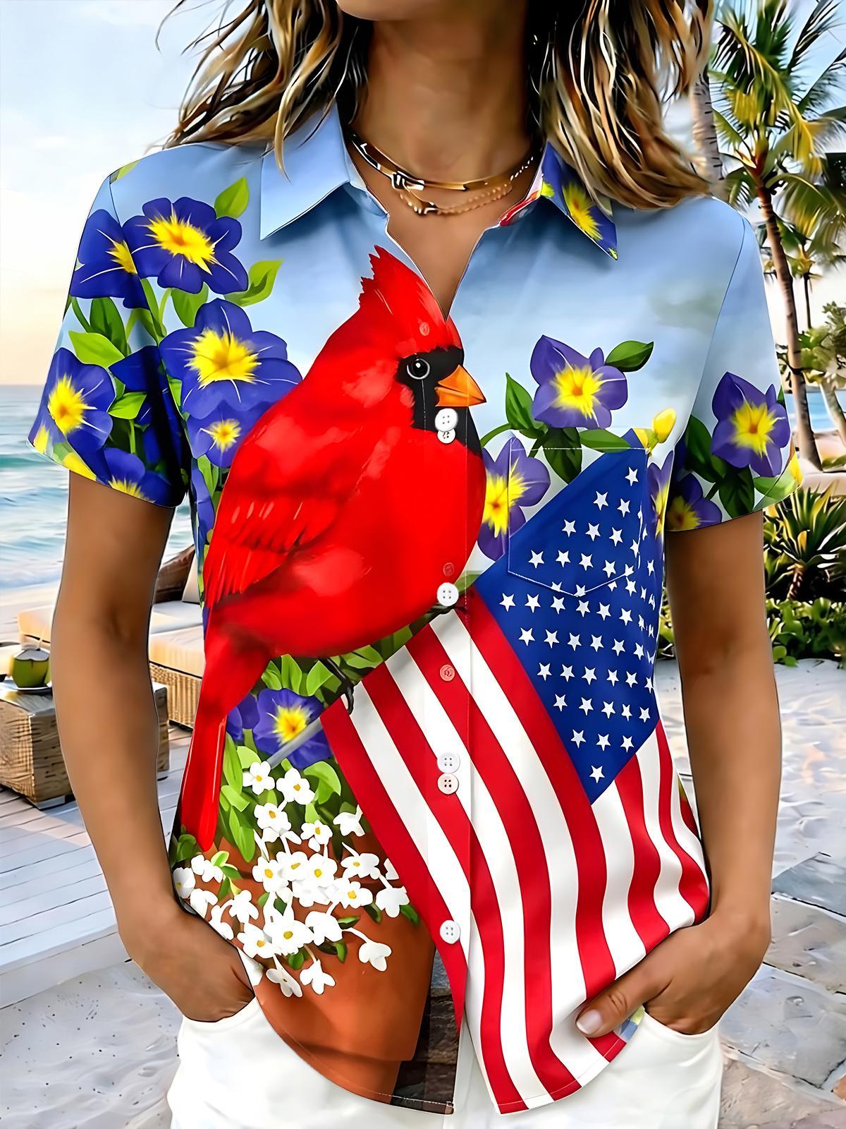 women's red American flag print shirt front view Independence Day
