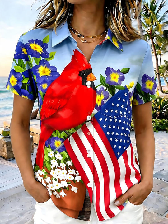 women's red American flag print shirt front view Independence Day