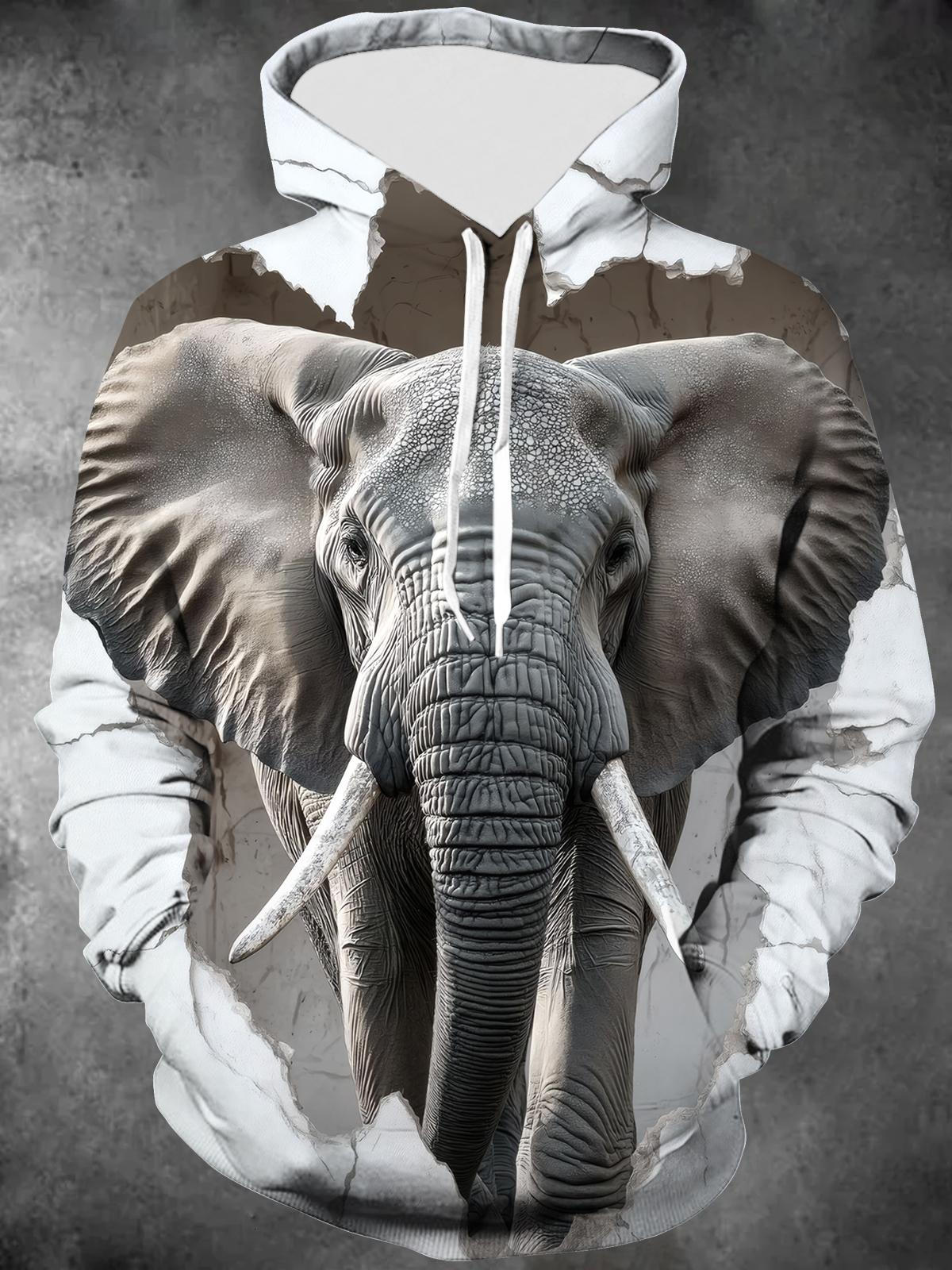 Elephant Print Long Sleeve Hooded Pocket Men's Top