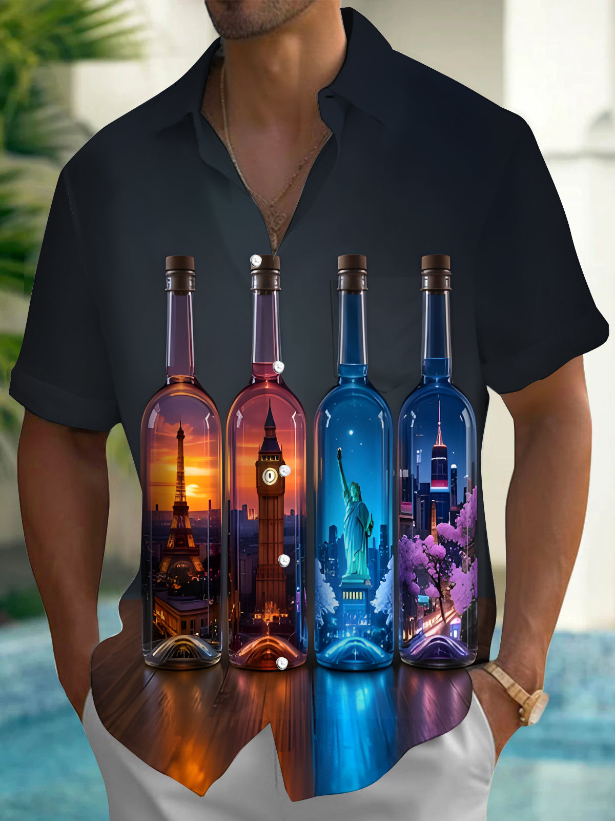 Bottle Place Famous Scenic Spot Men's Pocket Short Sleeve Shirts