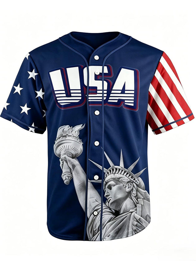men's baseball print shirt front view Independence Day