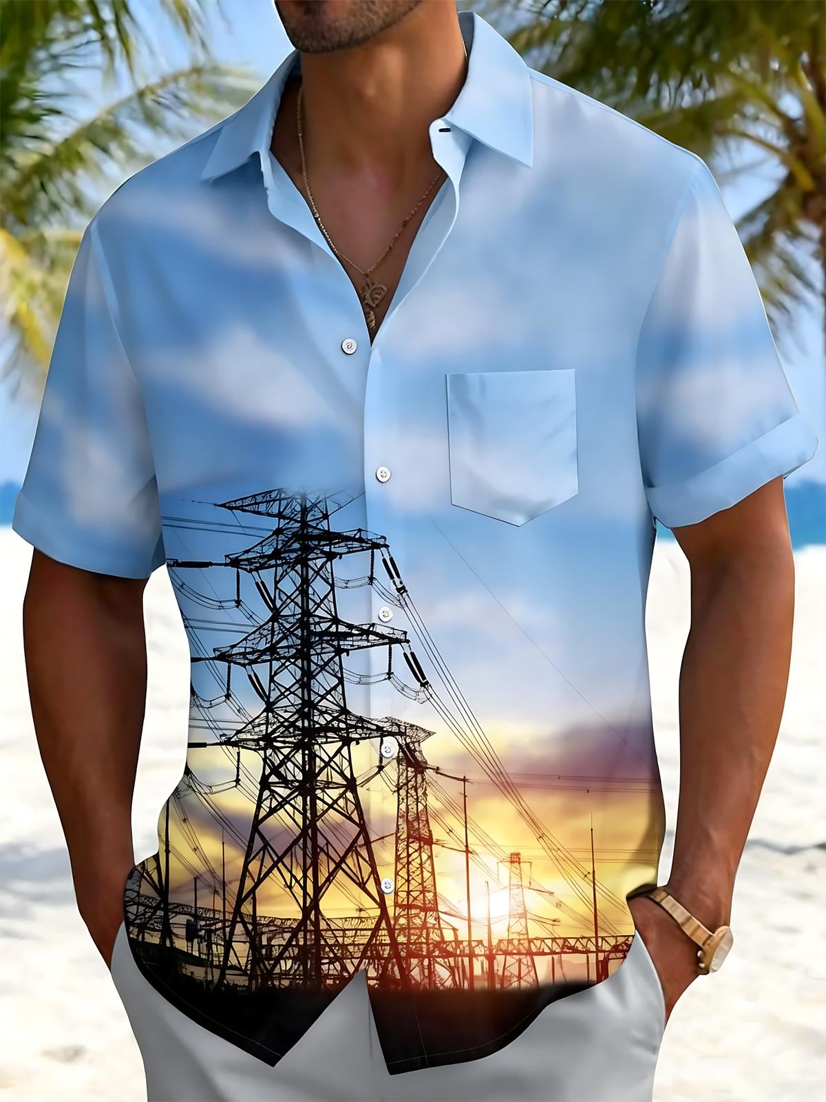 High Voltage Tower Sunset Print Men's Pocket Short Sleeve Shirts