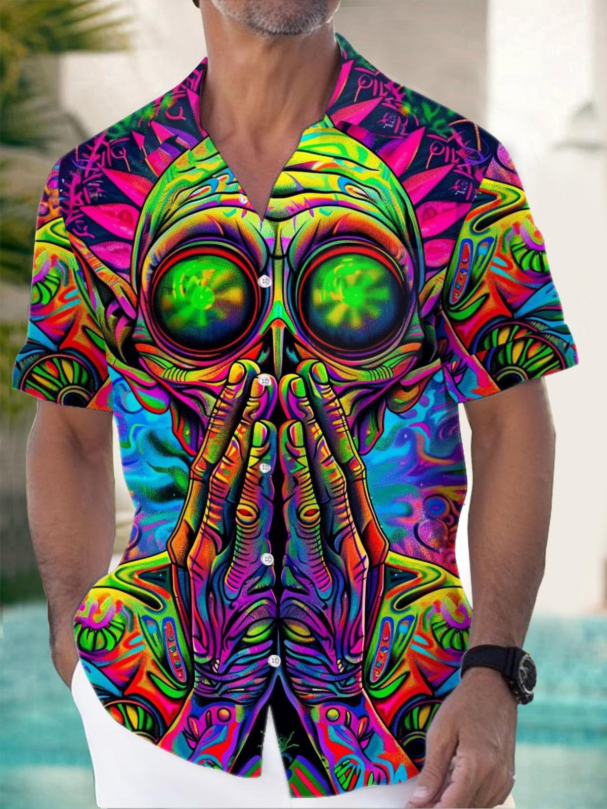 Skull Print Short Sleeve Men's Shirts With Pocket