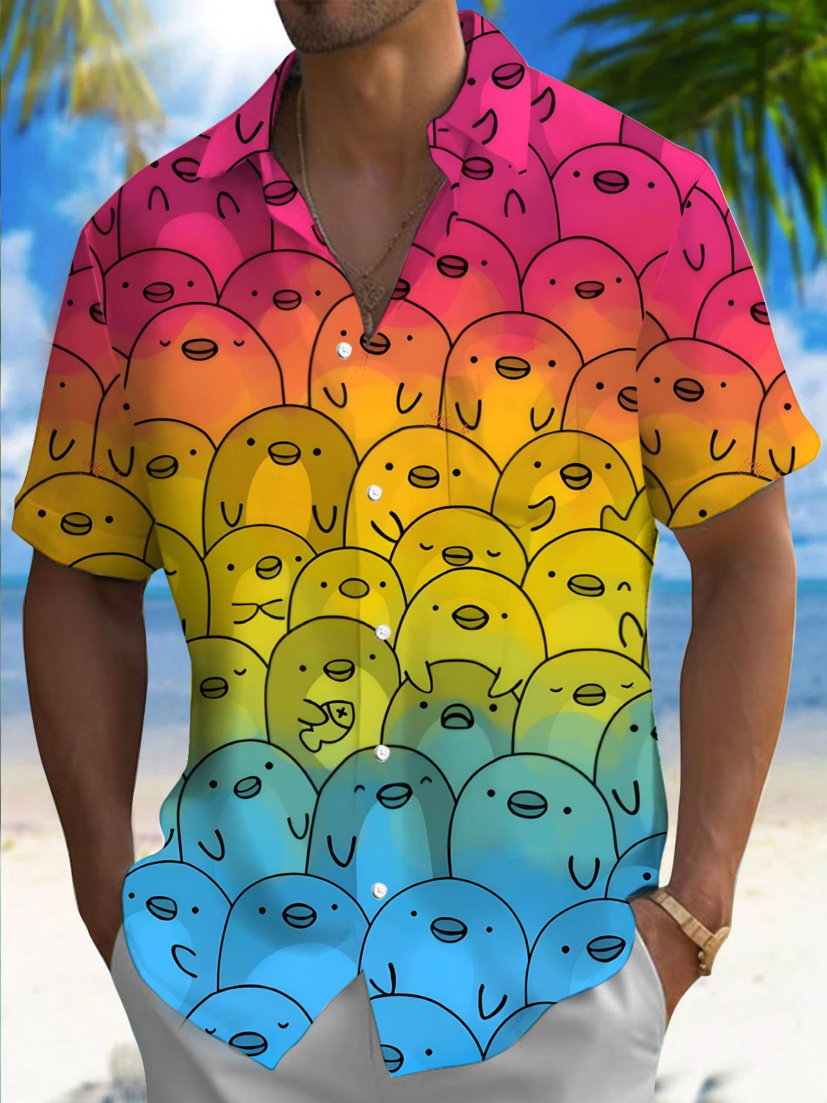 Gradient Fun Cartoon Men's Pocket Short Sleeve Shirts