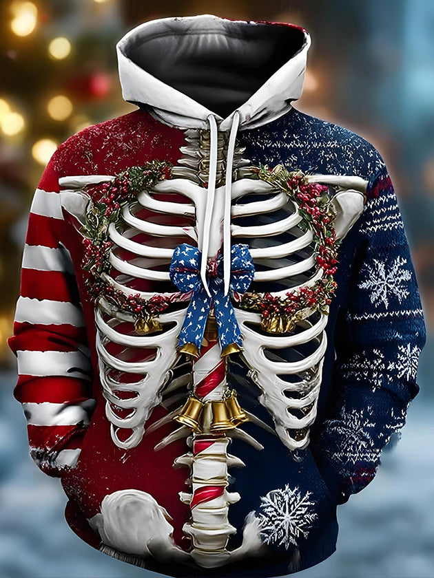 Men's black skull print long sleeve pullover hoodie front view for Christmas holiday party